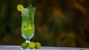 A cocktail glass on a bar counter